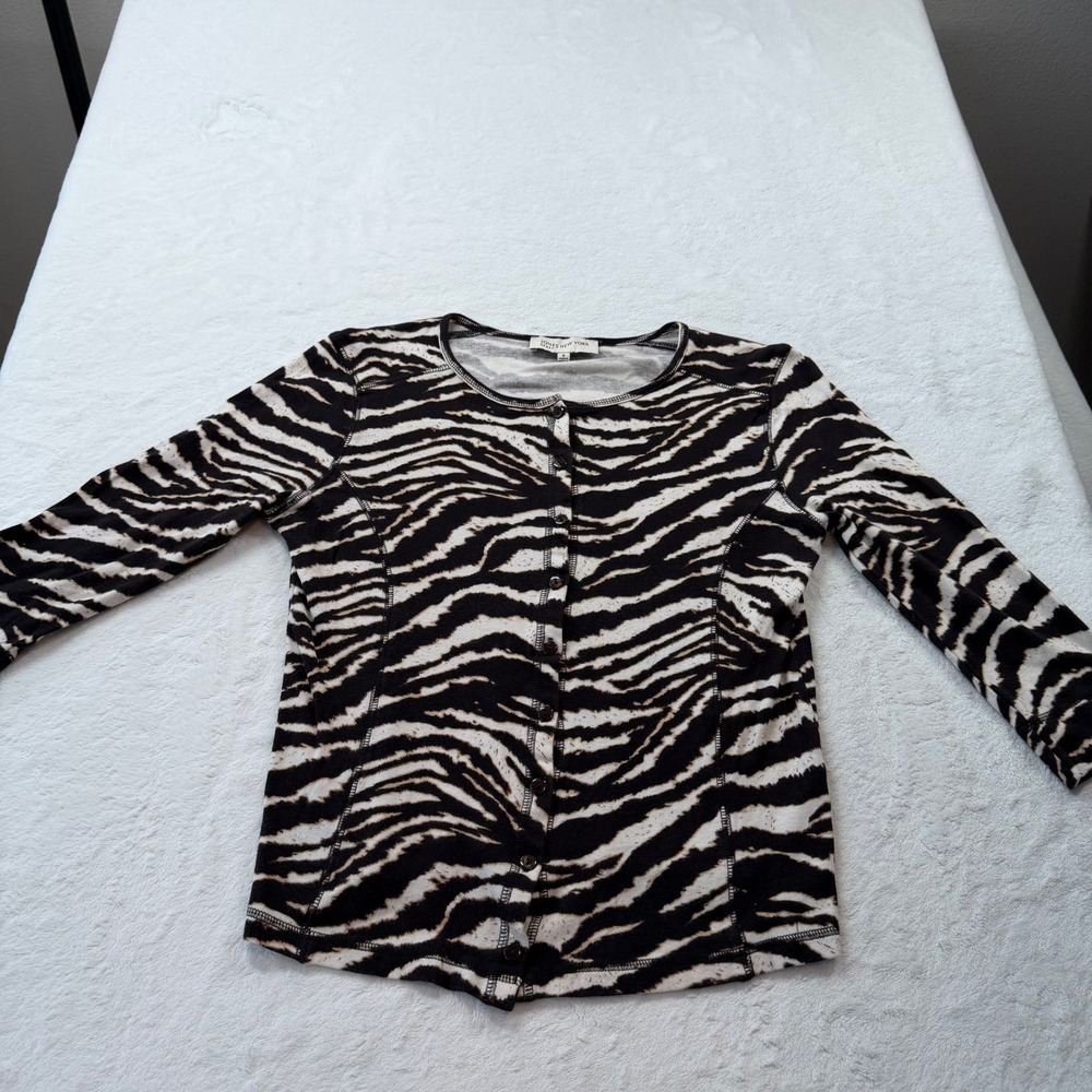 Jones New York‎ Sport Cardigan Womens Small Black White Zebra Print Good Cotton